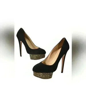 CHARLOTTE OLYMPIA Black Rhinestone Dolly High Heel Suede  Pumps 39.5EU Italy